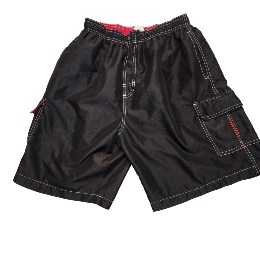 Castaways Mens Black Cargo Board Shorts Contrast Stitch Swim Trunks M beach